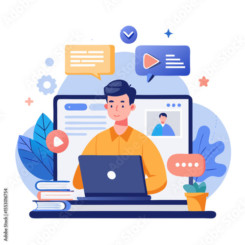 Online webinar concept e-learning web conference learn on internet Online workshops where participants can interact in real time Person using laptop with webinar icon on virtual screen modern flat