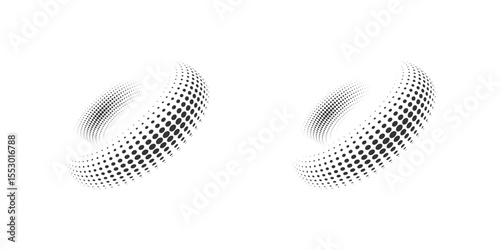 Set of dotted curved abstract shapes. Dotted pattern in halftone theme. Curved and twisted abstract gradients. Vector design element in black and white color.