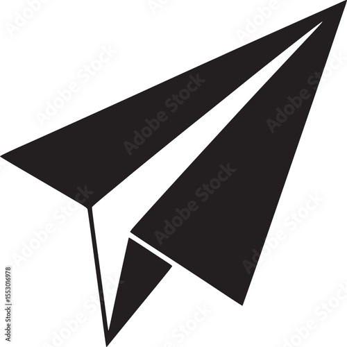 A stylized black paper airplane with sharp angles isolated on a plain white background illustration