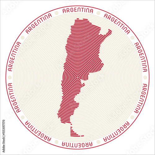 Argentina round logo design. Country shape built of rings. Argentina text around the country. Vector Illustration.