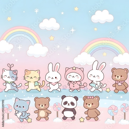 Wallpaper Mural Adorable Kawaii Animals Walking Rainbow Pastel Landscape Torontodigital.ca