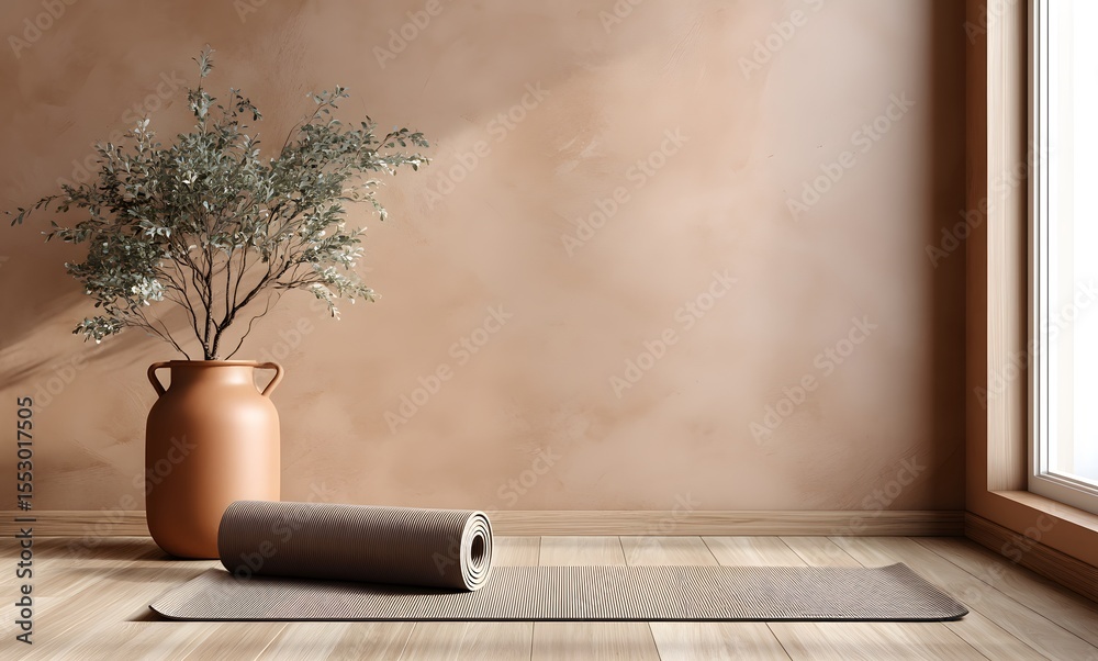 Mock-up Interior A cozy warm modern, minimalist yoga room with light brown walls and a wooden floor.