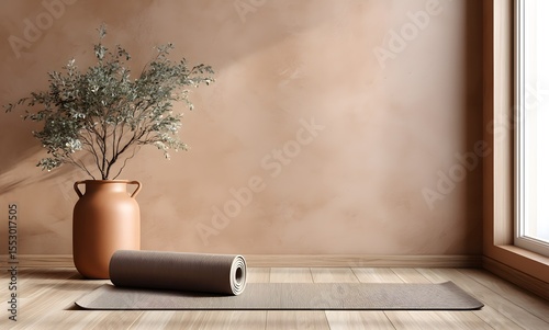 Mock-up Interior A cozy warm modern, minimalist yoga room with light brown walls and a wooden floor.