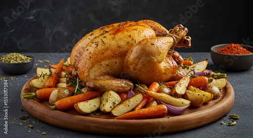 Golden-brown Roast Chicken with Roasted Root Vegetables, a mouthwatering feast.