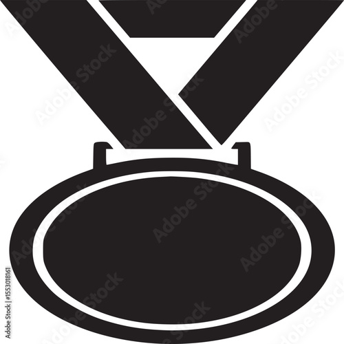 A black and white graphic illustration of a round medal hanging from a v shaped ribbon design element