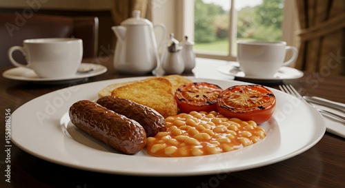 Indulge in a hearty full English breakfast, complete with grilled tomatoes, sausages, baked beans, and golden-brown toast.