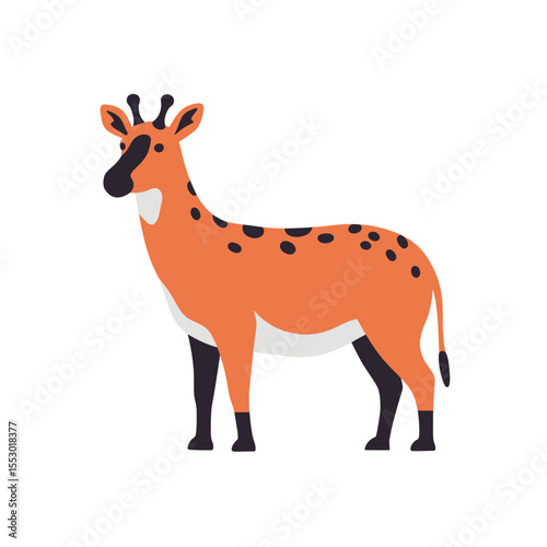 A whimsical Okapi standing with a curious gaze. The Okapi has a distinct coat pattern, blending orange and black.
