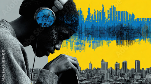 Musical image of DJ with vinyl surrounded by beat motion, frequency lines and expressive sound textures