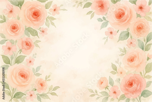 Vintage floral background with romantic pink roses, elegant frame, and decorative hearts for a wedding or Valentine's Day card design