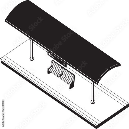 Isometric illustration of a bus stop with a bench and black canopy on a white background space