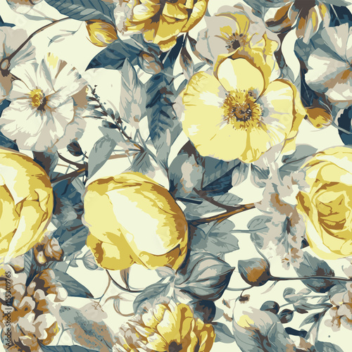 Art vintage flowers leaves pattern soft colors