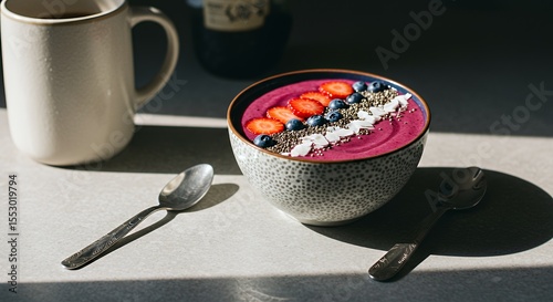 Sunlit Berry Smoothie Bowl with Coffee, a Perfect Morning Ritual
