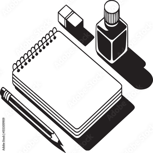 Isometric view of a sketchbook with a pencil, an eraser, and an ink bottle on a white surface