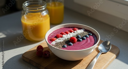 Sunlit Berry Smoothie Bowl with Toasted Coconut and Chia Seeds, Ready to Enjoy