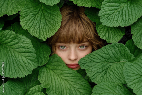 Creative self-portrait among lush green leaves in natural setting