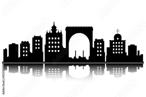 panorama of the fortress city with an arch architecture silhouette with reflection below on transparent