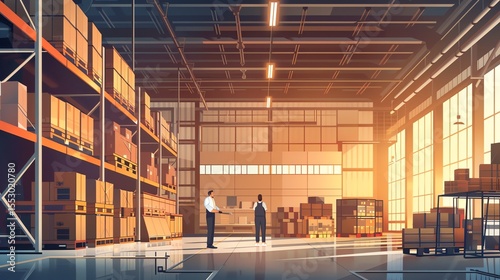 A large warehouse with a high ceiling and many shelves. There are two people in the warehouse, a man and a woman.