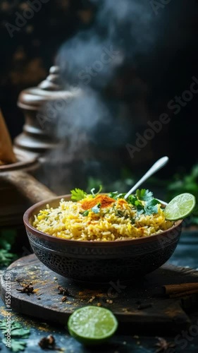 A bowl of rice with a spoon in it. There are two limes in the bowl. The bowl is on a wooden table