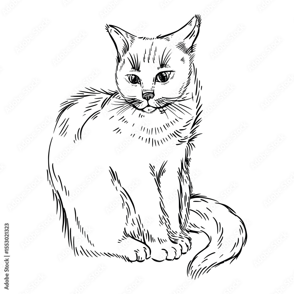 Obraz premium Cat, pet hand-drawn in ink and isolated on white background. Vector illustration is suitable for printing on postcards, T-shirts, posters, in pet stores.