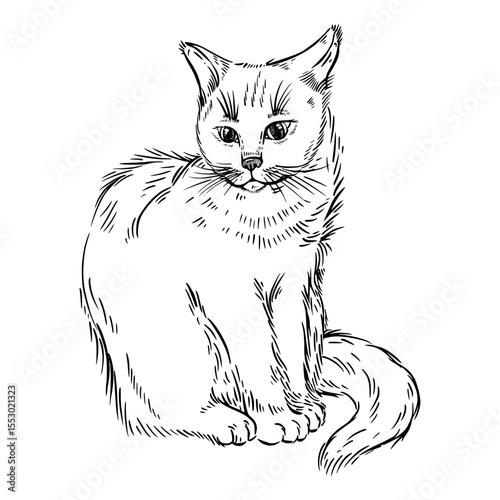 Cat, pet hand-drawn in ink and isolated on white background. Vector illustration is suitable for printing on postcards, T-shirts, posters, in pet stores.