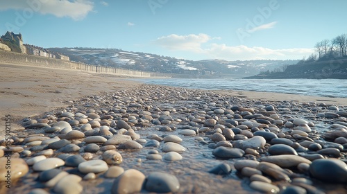 Pebbles with River Beach, and Winter Coastline.
