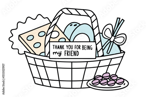 Artistic illustration of a curated food gift basket overflowing with gourmet treats