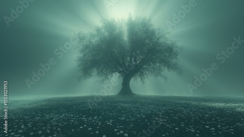 Mystic Tree with Foggy Field, and Sunrise.