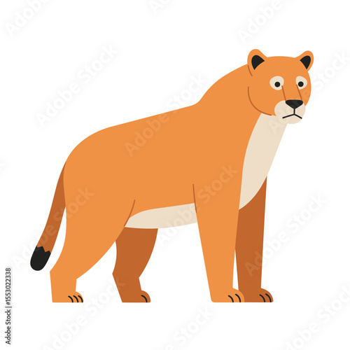 Lioness illustration, standing majestically against white background.  The lioness is depicted in a simplified, cartoon-like style, with an orange coat, and a black tipped tail.