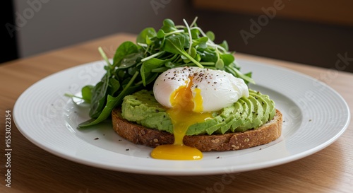 Indulge in this vibrant avocado toast topped with a perfectly poached egg and fresh greens.
