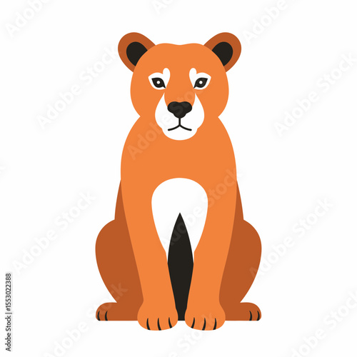 A stylized illustration of a lioness sitting majestically. Its orange coat contrasts beautifully against the white background. The lioness's posture and expression evoke a sense of calm power. 