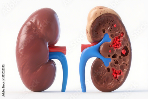 Anatomical illustration of healthy and diseased kidney depicting renal cancer pathology