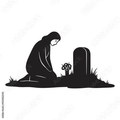 Grief stricken woman kneels beside a tombstone offering flowers at a grave site