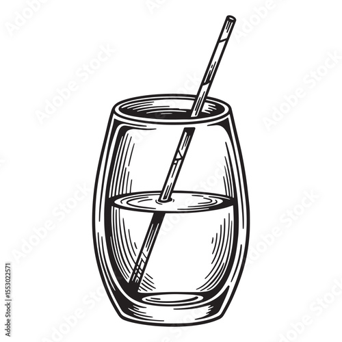 Hand drawn illustration of a water glass with a drinking straw for refreshment and summer.