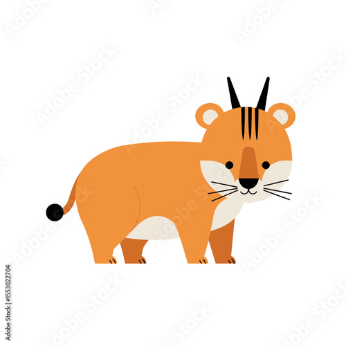 An adorable cartoon tiger stands, depicted with friendly eyes and a playful expression. The tiger features vibrant orange and black stripes, adding to its charm.