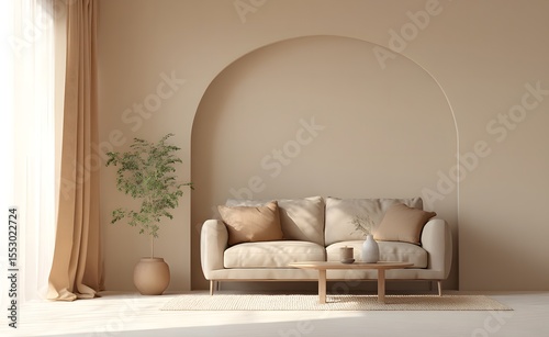 Mock-up wall, Modern interior design of a living room with a sofa and coffee table, a beige-colored wall background, minimalist style