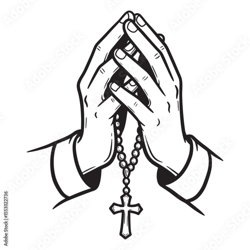 Hand drawn illustration of praying hands holding a rosary with a christian cross