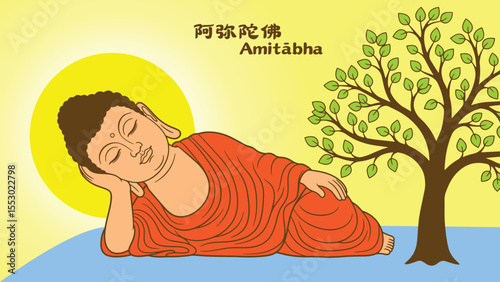 sleeping buddha amitabha wesak vesak day bodhi tree culture and tradtional drawing background vector