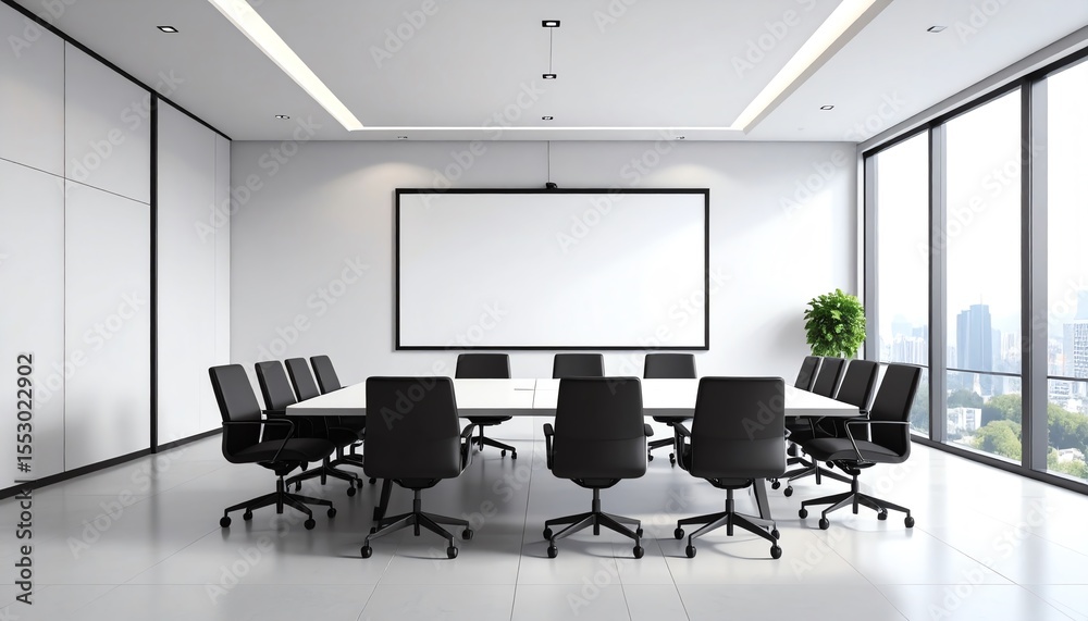 Fototapeta premium Modern conference room with large table and chairs.