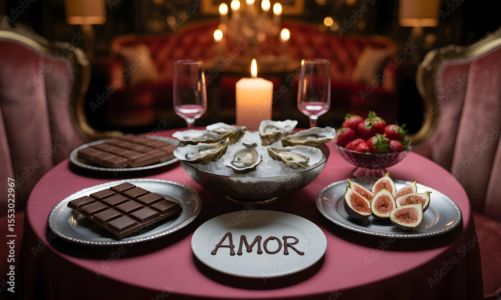 Naklejka premium Chocolate oysters strawberries figs romantic dinner