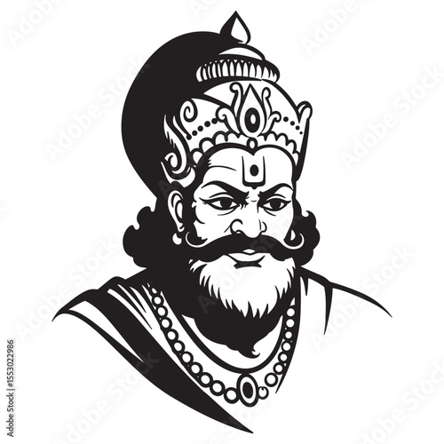 Indian king portrait in black and white vector illustration with detailed headwear and facial features