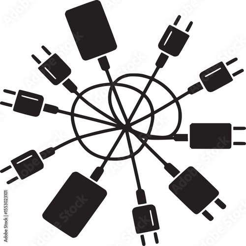 A top down view of several black power adapters and plugs arranged in a circular pattern on white