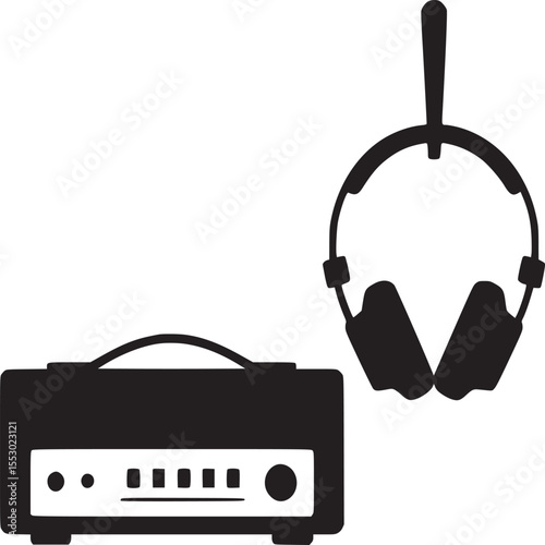 A black and white illustration of a music amplifier and a pair of hanging headphones on a white background