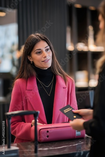 A 40-year-old woman with long straight dark hair checking into a boutique hotel, handing over her passport at reception, stylish suitcase beside her, modern travel scene.