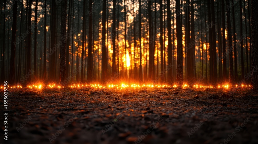 Obraz premium A captivating sunset viewed through tall pine trees in a forest, casting soft light and creating an enchanting atmosphere filled with warmth and tranquility.