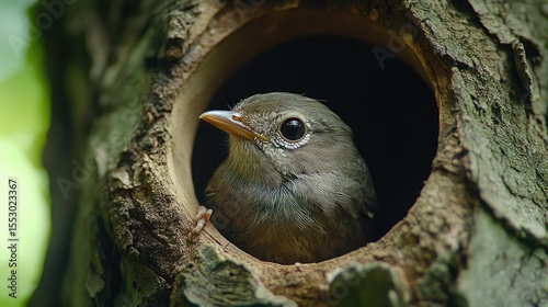 Baby bird tree hollow nature.