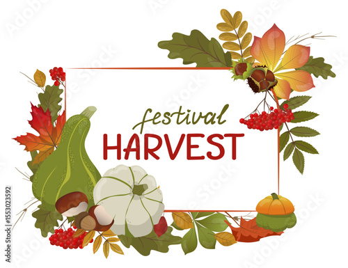 Attractive frame of leaves, pumpkins, nuts. Harvest festival banner, poster, card, brochure template. Hand drawn vector illustration