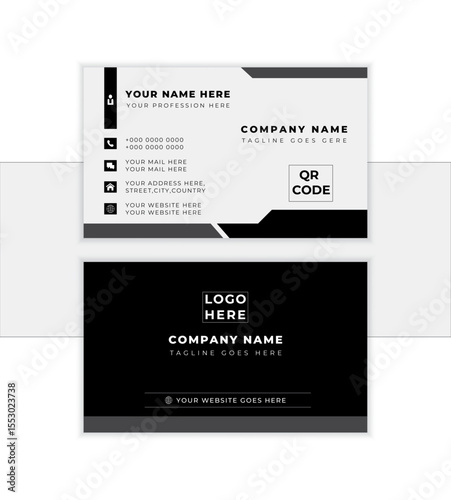 Minimal business card print template design, simple clean layout, flat, visiting card, print template with logo, qr code, editable vector illustration
               