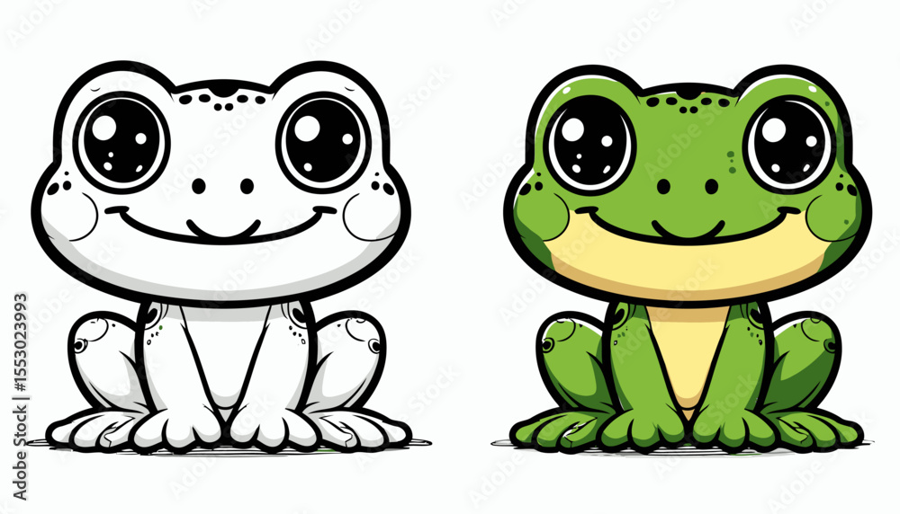 Obraz premium Cute Cartoon Frog Coloring Page and Colored Illustration