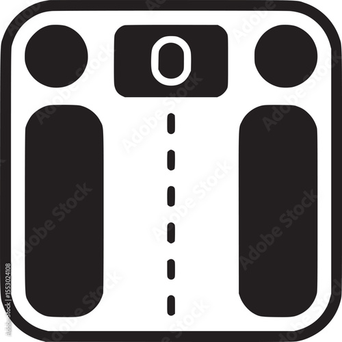 A black and white illustration of a bathroom scale with a digital display showing the number zero