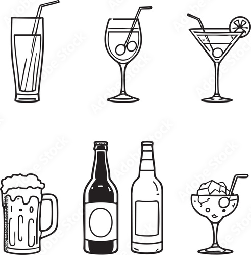 Hand-Drawn Vector EPS of Mixed Drink Glasses and Bottles – Beer Mug, Martini, Wine Glass, Soda, Cocktail, and Beverage Icons